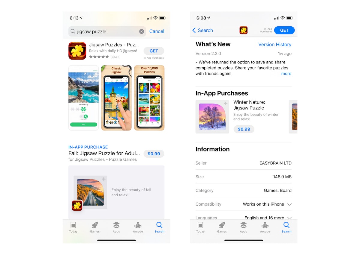 Example of how in-app purchases appear in the search results and on the app page in the Apple App Store