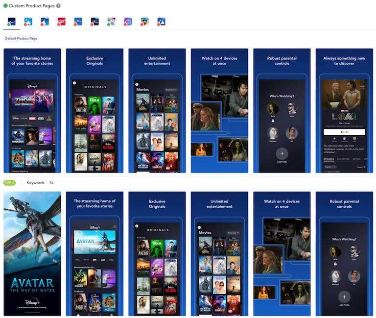 Disney’s custom product page showing Avatar flyers and app screens to users searching for related keywords