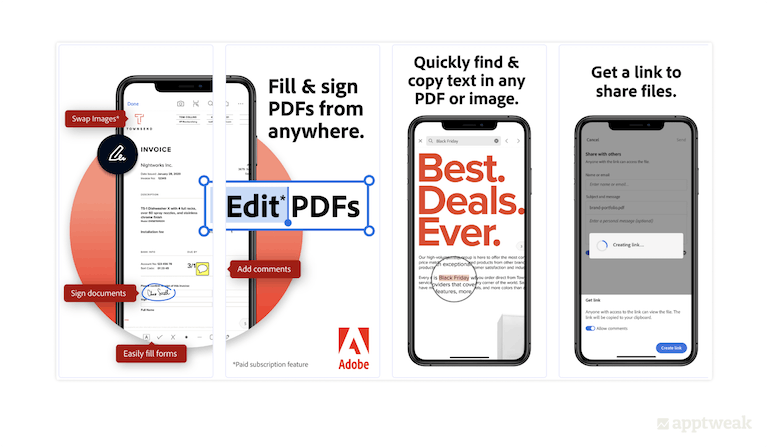 Adobe Acrobat Reader in the US, iOS has optimally displayed the app’s feature within the first screenshots with comment boxes and zoomed features