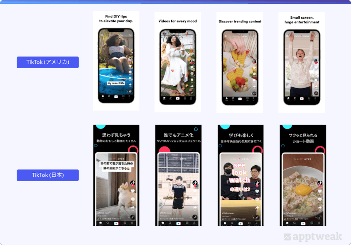 App screenshots for tiktok localization us vs japan