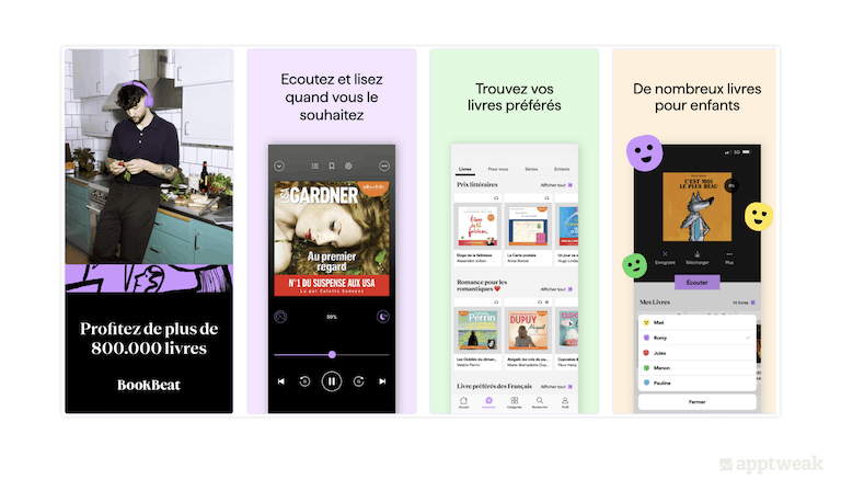 BookBeat's screenshots in France App Store showcase popular audiobooks in the French market
