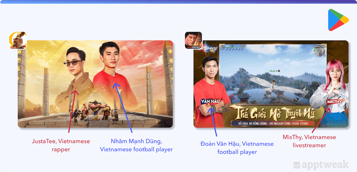 Mobile games screenshots featuring Vietnamese celebrities in Vietnam, Google Play