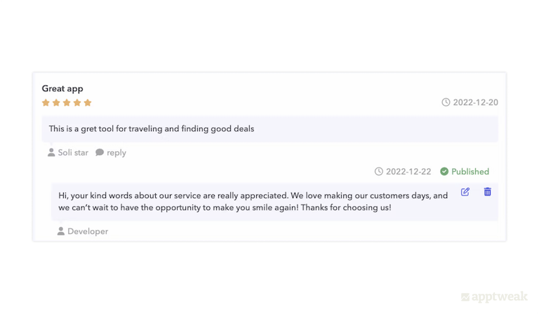 Hopper uses a friendly tone while replying to user reviews on the US, App Store