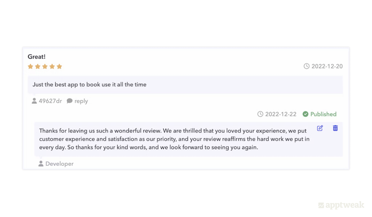Hopper personalizes their replies to user reviews on the US, App Store
