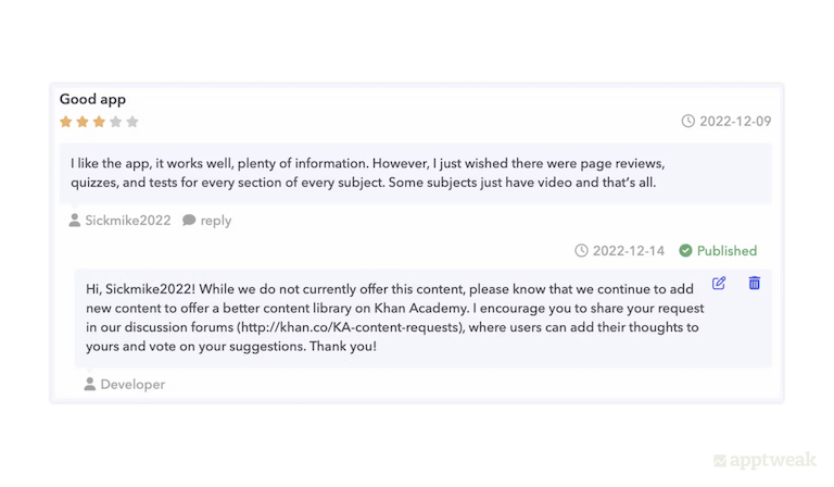 Khan Academy reaches out to an app store user to let them know how they are working to improve user experience on the US, App Store