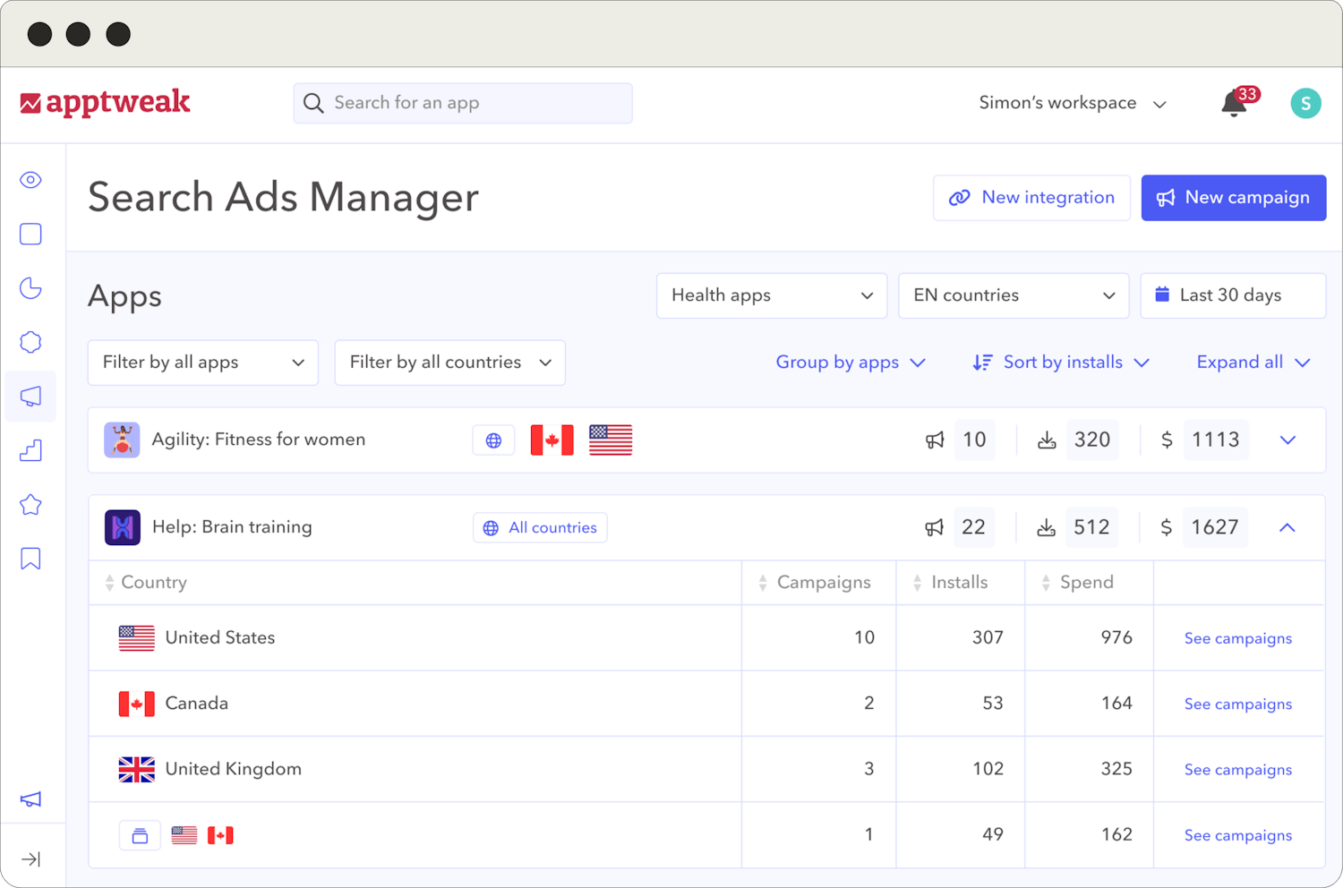 Screenshot of AppTweak's Search Ads Manager's simple & intuitive dashboard view